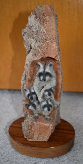 Raccoon Family Hiding In Log " Full House " Statue Sculpture Signed Paul Carrico