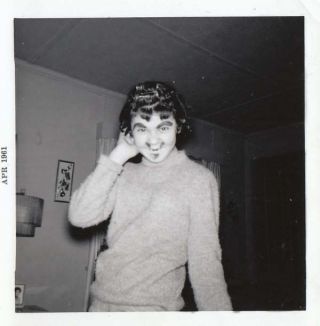Vintage Photo Snapshot Funny Teen Girl Mustache Beard Eyebrows & Curler 1961