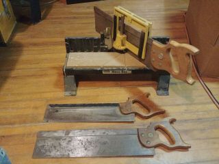 (3 Back Saws) Vintage Stanley No.  19 - 035 Adjustable Miter Box With Three Saws