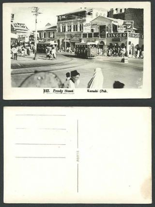 Pakistan Old Postcard Karachi Preedy Street Scene,  Tram Tramway,  Singer Cyclists
