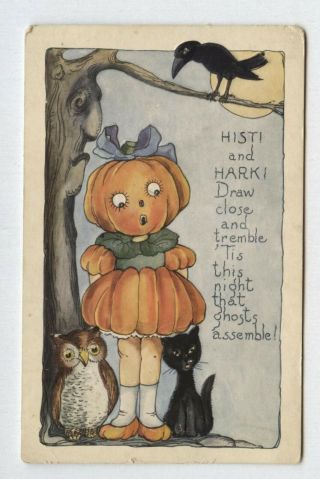 Antique Pumpkin Girl Owl Crow Whitney Halloween Postcard Black Cat Tree