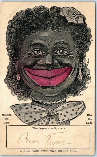 1907 Black Americana Racial Comic Postcard " A Kiss From Your Own Sweet Girl "