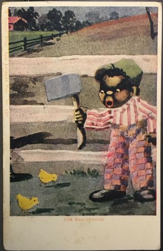 The Executioner Boy With Axe Chases Baby Chicks Black Americana Postcard
