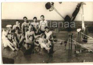 Sailors Sunbathe Ship Handsome Men Trunks Athlete Shirtless Camera Vintage Photo