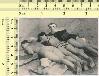 Three Women Laying On Beach,  Swimsuit Ladies Bikini Swimwear Abstract Old Photo