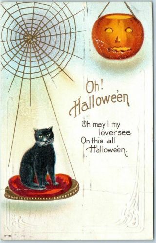 Vintage Halloween Postcard Black Cat Spider Web Jack O 