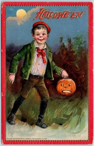 Vintage Halloween Postcard Boy Carrying Jack O 