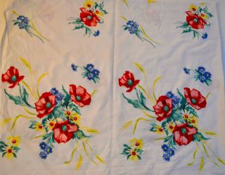 Vintage Cotton Tablecloth Red/yellow/blue Flowers - 54 " X 64 "