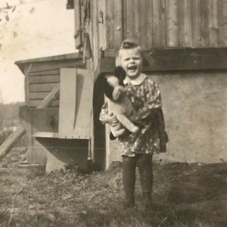 Vintage Antique Snapshot Photo - Sweet Girl Stuffed Dog Old Barn Rural