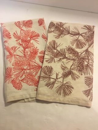 2 Vintage Pine Cones Linen Cotton Kitchen Tea Towels Rustic
