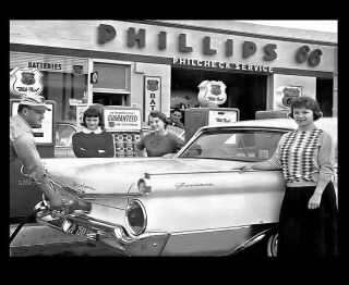 Vintage Phillips 66 Gas Station Girls Photo Service Pumps Globes 1960s Ford Car