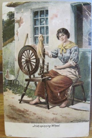 Vintage Postcard Irish Spinning Wheel John Carey Illustration Art Ireland 1904