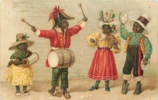 1930 Black Street Musicians Ethnic Dress Drum Concertina Violin Art Postcard