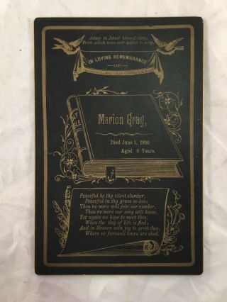 Cabinet Photo Size Memorial Card Marion Grey 1890 Died At 6 Yrs Old Phildelphia