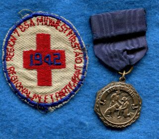 Vintage 1942 Boy Scouts First Aid Contest Badge & Patch Bsa Region 7 Midwest