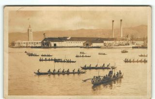 1920s Native Outrigger Fleet Reenactment Event Rppc Real Photo Postcard Hawaii