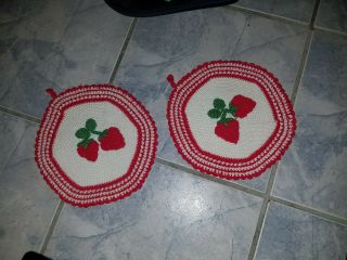 Vintage Mid Century Crochet Pot Holder Red White Strawberry Design