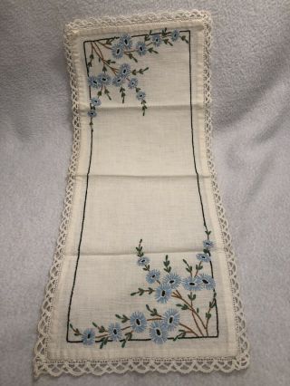 Vtg Linen Hand - Embroidered Dresser Scarf Blue Flowers Crochet Lace Edge 8.  5 X 20