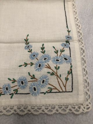 VTG Linen Hand - Embroidered DRESSER SCARF Blue Flowers Crochet Lace Edge 8.  5 x 20 2