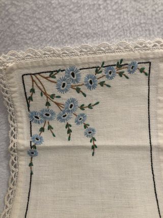VTG Linen Hand - Embroidered DRESSER SCARF Blue Flowers Crochet Lace Edge 8.  5 x 20 3