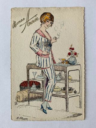 Art Deco Elegant Woman In Costume With Cigarette Hand Colored Old Postcard