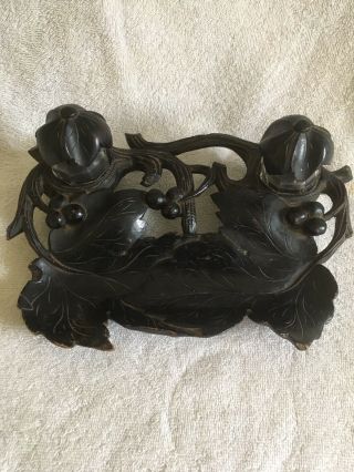 Antique Carved Wood Black Forest Double Inkwell Nr