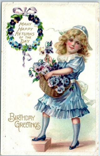Vintage " Birthday Greetings " Postcard Girl / Basket Of Blue Flowers - Dated 1910