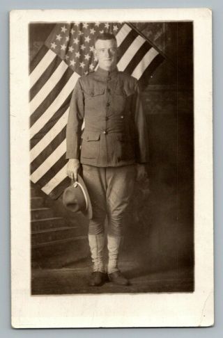 World War 1 Wwi Army Soldier In Uniform Us Flag Real Photo Postcard Rppc C1918