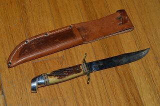 Vintage Western Field Hunting Knife Usa Pat.  No.  1967479 W/embossed Leather Sheath