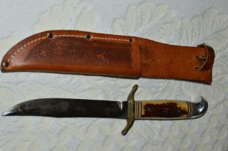 Vintage WESTERN FIELD Hunting KNIFE USA Pat.  No.  1967479 W/embossed Leather Sheath 3