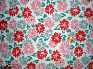 Floral Intact Vtg Feedsack Quilt Sewing Doll Clothes Craft Red Pink Gray Aqua