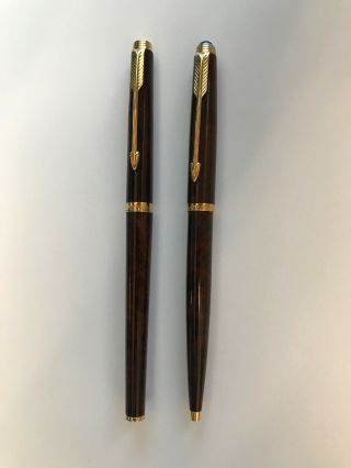 Set Of 2 Vintage Parker Ballpoint & Rollerball Brown Marble Color Gold Clip