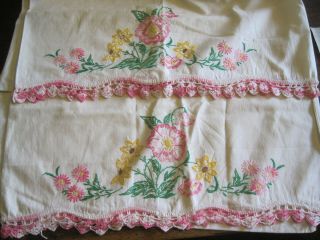 Vtg Set Of 2 Hand Embroidered Pillowcases Multicolor Floral W/pk Crocheted Edges