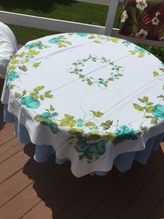 Vintage 48” Square Tablecloth Vgcturquoise Lime On White Cotton