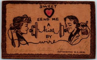 1906 Leather Postcard " Send Me A Kiss By Wire " Telephone Artist Signed W.  S.  Heal