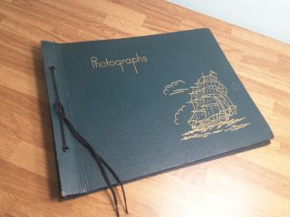 Vintage Photo Album With Ship Design Black Pages Green Cover