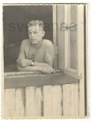 Apr 13,  1954 Window Handsome Young Man Guy Athlete Shirtless Gay Vintage Photo
