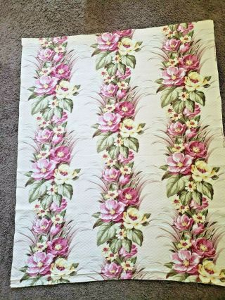 Vintage Barkcloth Curtain Panel Yellow W/ Pink Floral