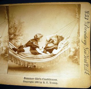 Antique Photo Stereoview Card Summer Girl 