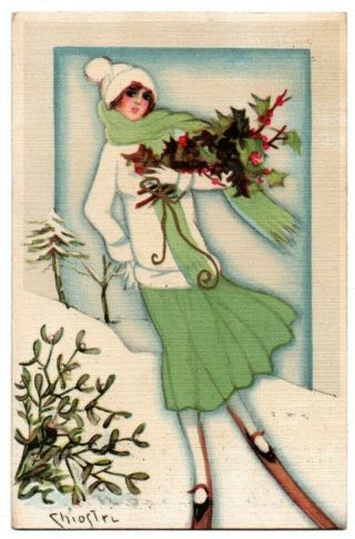Merry Christmas Buon Natale Ski Art Deco Woman Chiostri Artist Signed Postcard