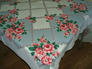 Vintage Pink & Red Roses On Gray Diamond Lattice Design Tablecloth 62 X 48