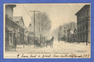 Groton Ny Cortland St,  Horse Drawn Sled,  Snow,  " Market " Store Sign Postcard 1906