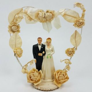 Vintage Wedding Cake Topper 1952 Coast Novelty Blonde Heart Chalkware Roses