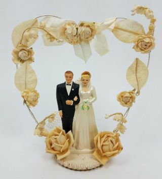 Vintage Wedding Cake Topper 1952 Coast Novelty Blonde Heart Chalkware Roses 2