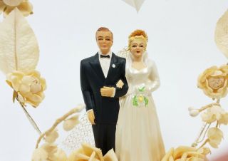 Vintage Wedding Cake Topper 1952 Coast Novelty Blonde Heart Chalkware Roses 5