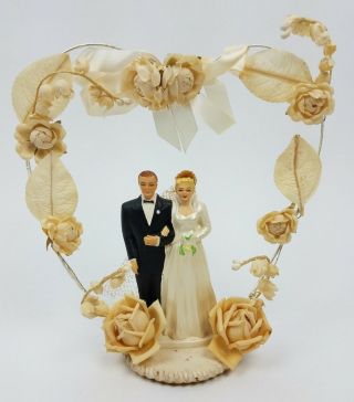 Vintage Wedding Cake Topper 1952 Coast Novelty Blonde Heart Chalkware Roses 6