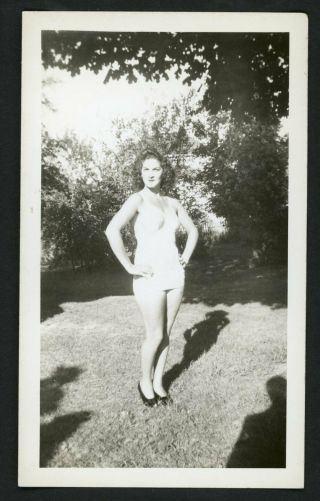 Sexy Curvy Woman White Swimsuit Vintage Photo Snapshot Summer Beach Legs 1