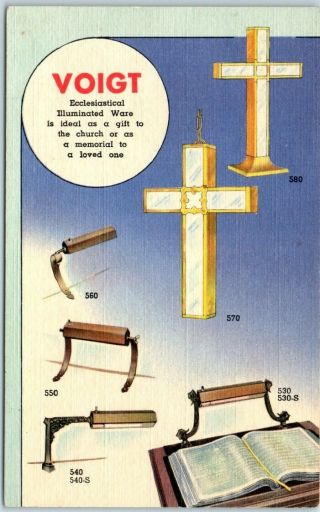 1940s Linen Advertising Postcard Voigt Pulpit & Lectern Lamps " Church Fixtures