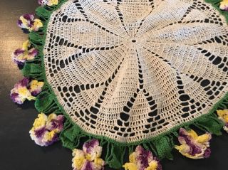 Hand Crocheted Doily Tablecloth Fancy 12 " Vintage Green Purple Yellow White