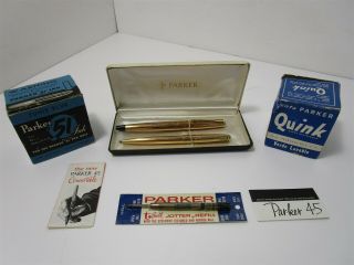 Vintage Parker U.  S.  A.  Fountain/quill & Ballpoint Pen Set With 2 Boxes Of Ink